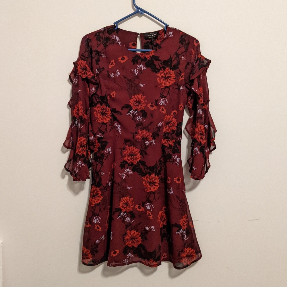 NWT Lucky Brand red floral long sleeves with ruffles flare dress size 0